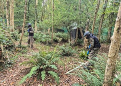 Two people in camouflage gear playing paintball in a wooded area. Gallery.